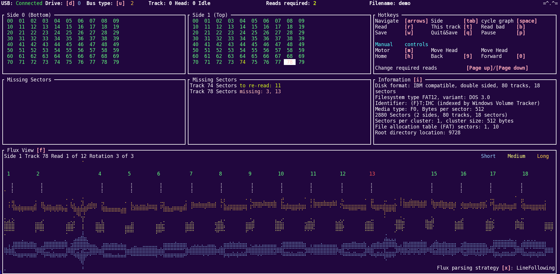 Screenshot of RecoveryWhiskers showing a mostly read file with two sectors missing at track 78 on the top side. It shows two areas of the flux representation where the curves converge into another like an hourglass. RecoveryWhiskers Screenshot